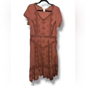 Sundance Terracotta Lace Midi Cotton Dress‎ Sz 10 EUC